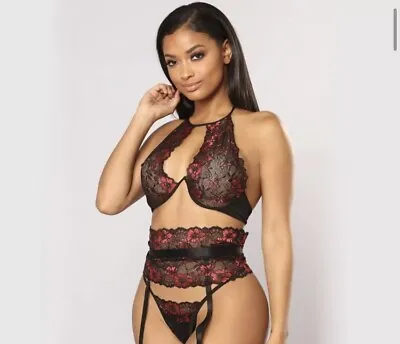 Sexual Black And Red Halter-neck 3pc Lingerie Set Size 10-12 • £15