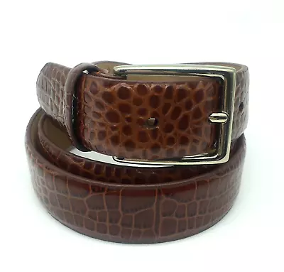 Mens 34 Brown Leather Belt Croc Embossed Silver Buckle JCPenney Brand • $18.95