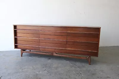 Young Manufacturing Mid Century Walnut Curved Lowboy 9 Drawer Dresser • $3500