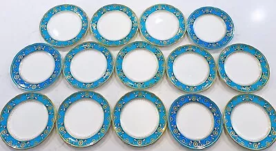 Stunning Set Of 14 Antique Minton Turquoise Enameled And Jeweled Plates • $1995