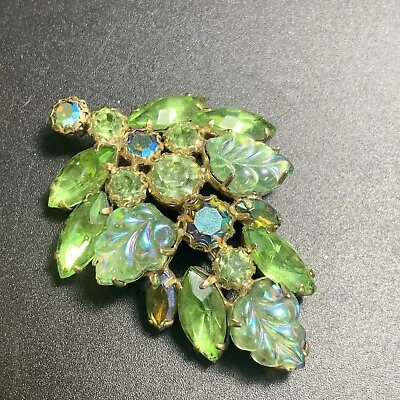 Vintage Green Aurora Borealis Glass Rhinestone Large Leaf Brooch WEISS Read! • $44.66