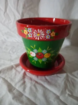 Green/Red Terracotta Pot And Saucer Roses And Castles Hand Painted Bargeware #5 • £11