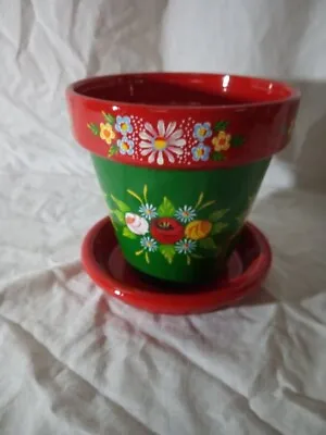 Green/Red Terracotta Pot And Saucer Roses And Castles Hand Painted Bargeware #6 • £11