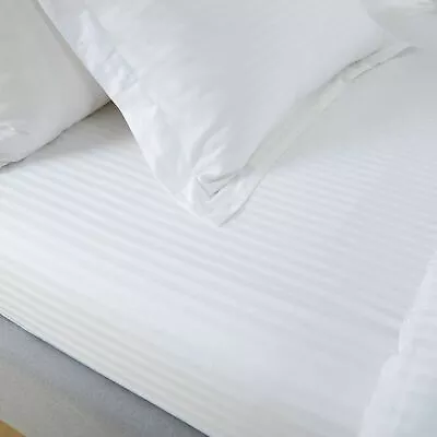 100% Egyptian Cotton Sateen 250tc White Satin Stripe  Fitted Sheet Hotel Quality • £4.49