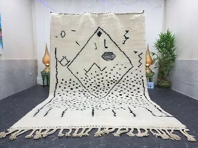 Moroccan Handmade Beni Ourain Rug 6'8 X10' Berber Abstract White Black Wool Rug • $741