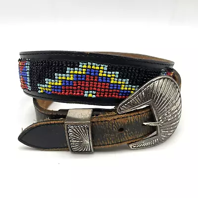 Vintage 1991 Silver Creek 53503 Black Leather Southwestern Native Beaded Belt 30 • $28