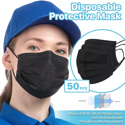 [Black] 50 Pcs Disposable Face Masks 3-Ply Non Medical Surgical Earloop Cover • $7.99