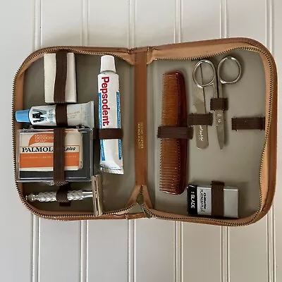 Vintage USA Gillette Travel Toiletry Shaving Kit Razor Shaver Leather Case • $18