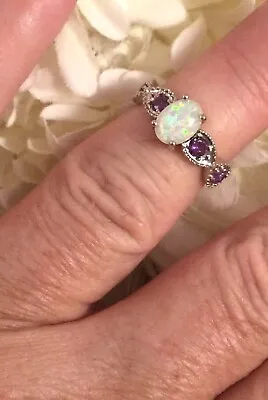 Vintage Jewellery White Gold Ring Opal Amethysts Antique Deco Jewelry Small Size • $125.21