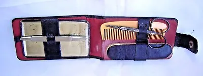 Vintage Black Leather-Manicure Kit-Travel Accessories-Mirror/Scissors/Comb/File • $8.99