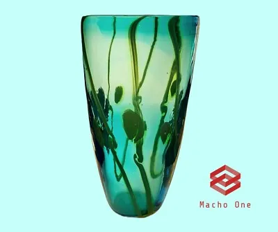 Turquoise Blue Hand Blown Art Glass Vase With White Flowers. 12” Tall. • $50