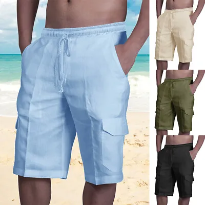 $4.08 • Buy Mens Summer Cotton Linen Elastic Waist Drawstring Cargo Shorts Casual Half Pants