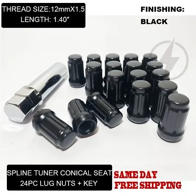 24 Black 6 Spline Lug Nuts M12x1.5 Fits 2013 & Newer Ford Ranger + Security Key • $21.14