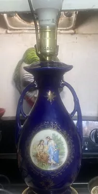 Vintage Cobalt Blue Limoges Porcelain Table Lamp Victorian Scene • $74.99