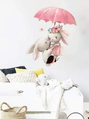 Cute Bunny Rabbits Under Umbrella Wall Sticker Decal For Room Wall Furniture • £3.49