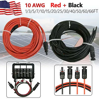 10 AWG Black+Red Solar Panel Extension Cable Silicone Flexible Wire+Connectors • $8.39