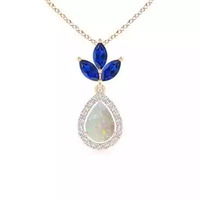 ANGARA Floating Opal And Diamond Halo Pendant With Sapphires In 14K Solid Gold • $989