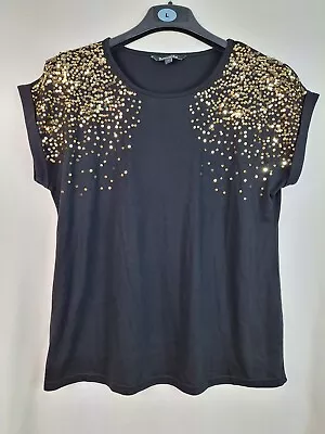 Bonmarché Black Womens Sequin Short Sleeve Top T-shirt Blouse Size 16 • $11.30