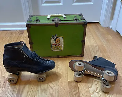 Vintage Art Deco Official ROLLER DERBY Skates Wood Wheels Case 9 LANE TECH • $158.40
