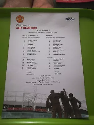 Man Utd V Liverpool Football Teamsheet. Premier LG. 10.3.2018. Excellent Cond • £1.50