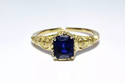 $2000 1.25ct Natural Emerald Cut Ceylon Sapphire & Diamond 18k Yellow Gold Ring • £134.53