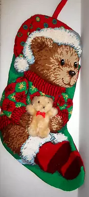 Vintage Needlepoint Christmas Stocking SANTA TEDDY BEAR W/Plush Bear 20  • $18.99