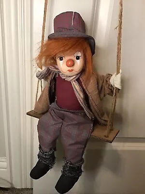 Vintage Marionette Clown Doll Porcelain Face On Wooden Swing  • $20