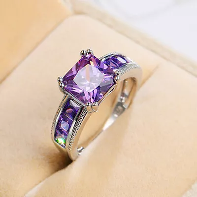 Womens Fashion 925 Sterling Silver Amethyst Rings Purple Crystal Zircon Ring • $3.55