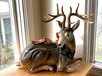 Fitz And Floyd 1994 Holiday Leaves Large Sitting Deer Centerpiece Cookie Jar • $175