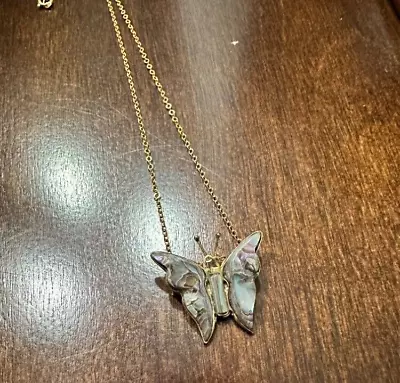 Vintage Carved Mother Of Pearl Butterfly Pendant Gold Tone Chain Necklace • $15