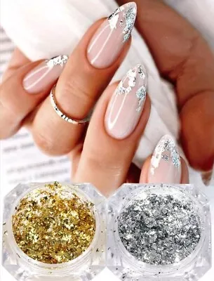 2x Pots Nail Art Foil Leaf Flakes Gold Pot And Silver Foils Nails Decoration UK • £2.99