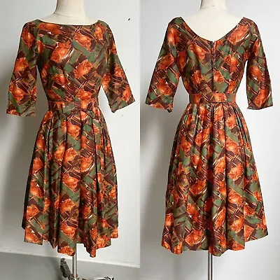 1950s Vintage Tulip Tea Dress Party Pleated Plaid Pattern Floral Leo Danal • $50