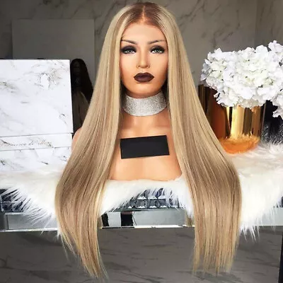 Womens Ladies Synthetic Long Straight Wig Natural Ombre Blonde Cosplay Full Wigs • £8.99