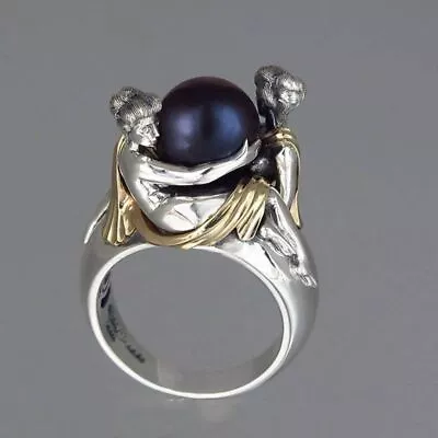 Black White Pearl Rings - Vintage Style Punk Metal Ring Eternity Band Jewelry • $19.46