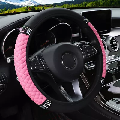 Car SUV PU Leather Bling Diamond Steering Wheel Cover Universal Accessories Pink • $14.42