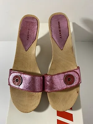 Miss Sixty Wooden Mules Metallic Pink Retro Leather Sandals Peep Toe Shoes UK 5 • £29.99