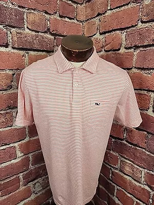 Vineyard Vines Men's M Pink White Striped Short Sleeve Golf Polo Shirt ⛳ • $23.98