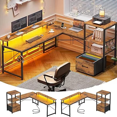 L Shaped Gaming Desk With LED Lights Home Office Desk With Fabric File Drawer • $119.97