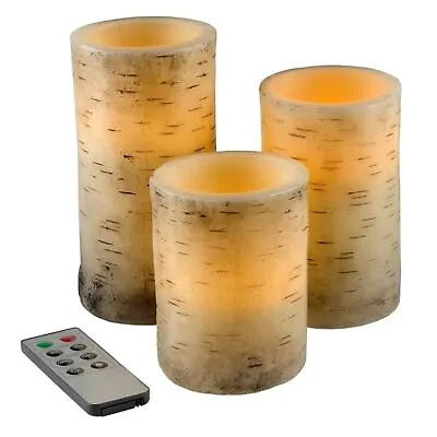 $17.99 • Buy 3 Piece Real Wax LED Flameless Candle Set With Remote And Timer Birch Bark