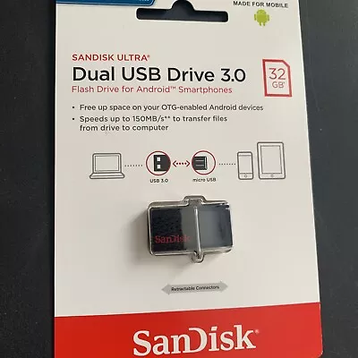 SanDisk 32GB Dual USB Drive 3.0 Flash Drive For OTG Smartphones & Tablets New  • $10