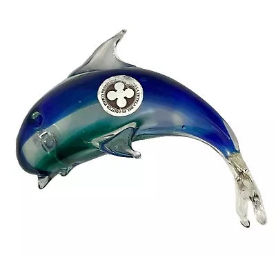 Blown Glass Dolphin Arching Murano Art Glass Figurine Blue Sticker VINTAGE • $19.99