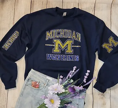 Navy Michigan Wolverines Unisex Rhinestone Crewneck Sweatshirt All Sizes S - 3X • $42.99