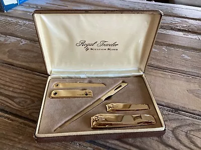 Vintage Men's Manicure Set Travel Case 5-Pc Goldtone Steel Tools C. 1960s 1970s • $38