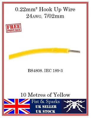 0.22mm² Hook Up Wire 24AWG 7/02mm - 10 Meters - Yellow • £5.75