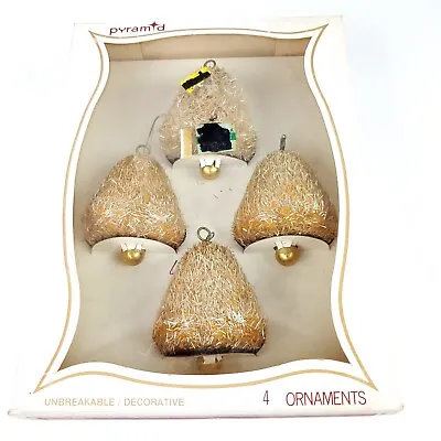 $17.54 • Buy 4 Vintage  Pyramid  Bell Shape Christmas Ornaments With Glitter Unbreakable Gold