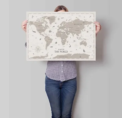 World Map Laminated  Print Poster Brown Wall Chart A1 A2 A3 Free Postage • £2.99