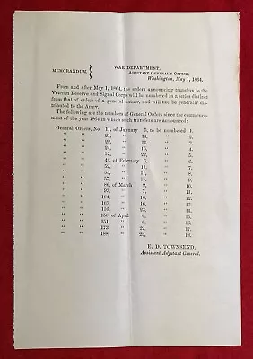 1864 Civil War ~war Department~ Washington Document+notable: Edward D. Townsend! • $29.99