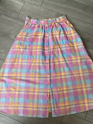 80s Vintage Pastel Check Print Button Down Midi Maxi Skirt By Cee-Cee 12-14  • £12.99