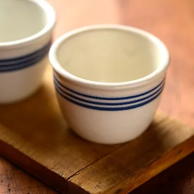 2 -Vintage White With Blue Bands Stoneware Custard Cups 3  VERY GOOD • $27.50