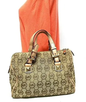 Michael Kors Grayson Mk Signature Brown Canvas Boston Satchel Handbag • $55